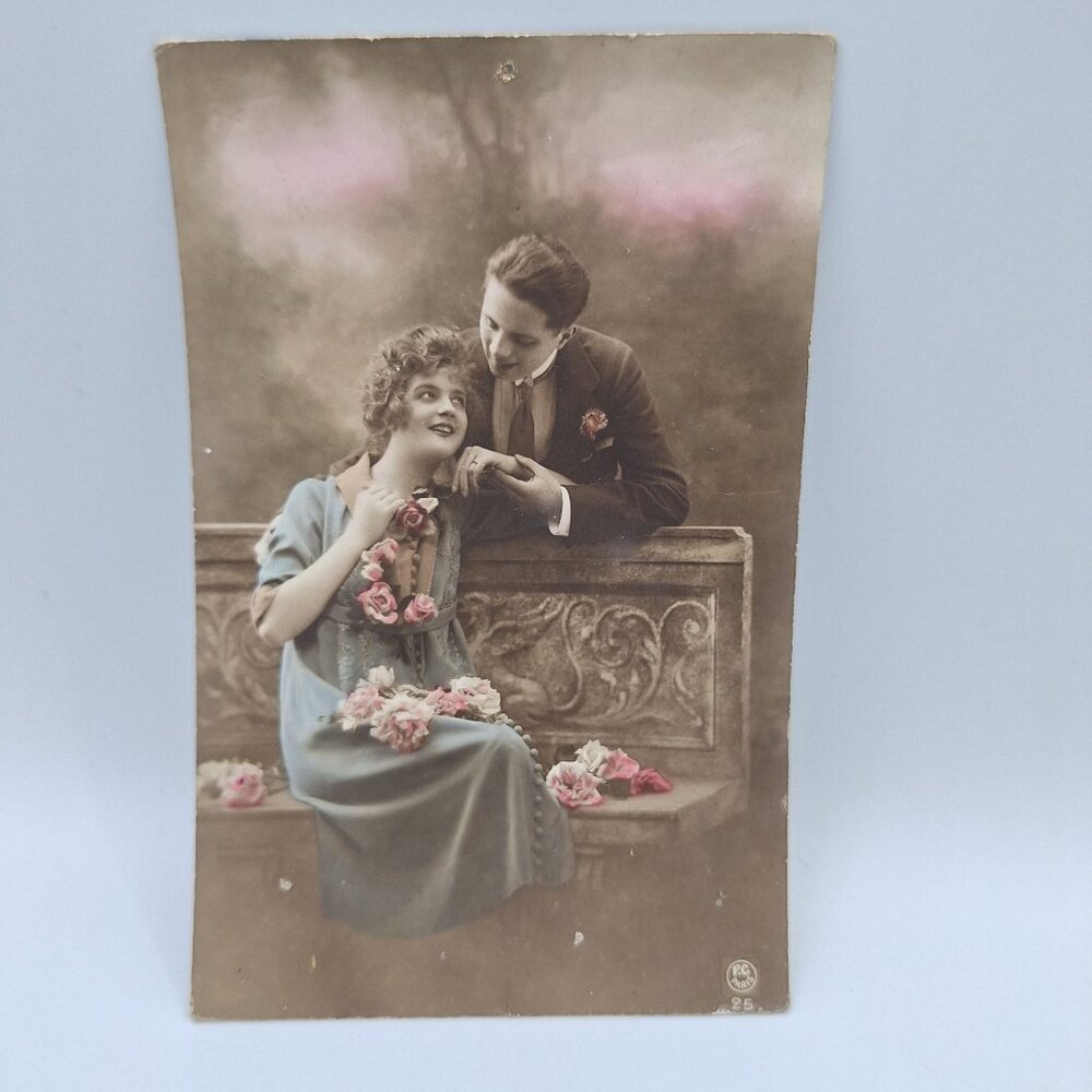 Vintage French Postcard Romantic Couple Floral Accents Handwritten 1919 Paris Ch